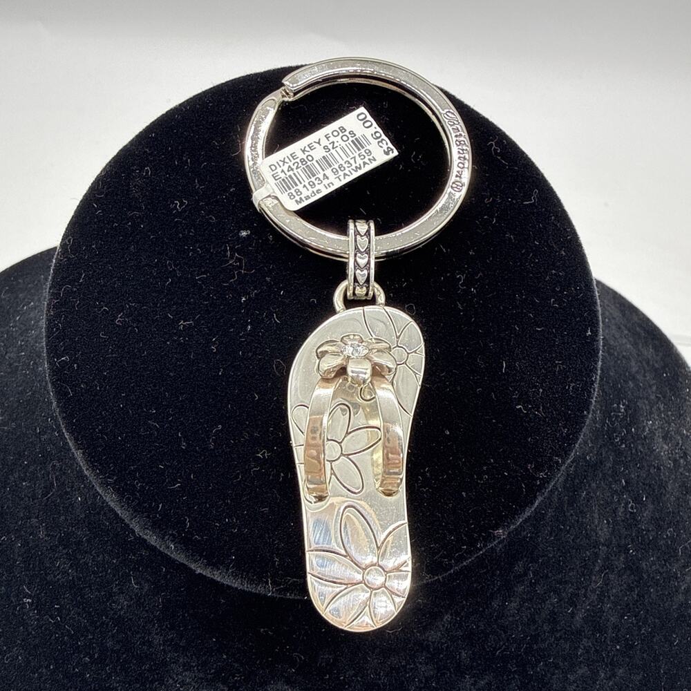 Brighton Crystal Dixie Flower Flip Flop Key Fob Ring Silver Plate Key Chain NWT